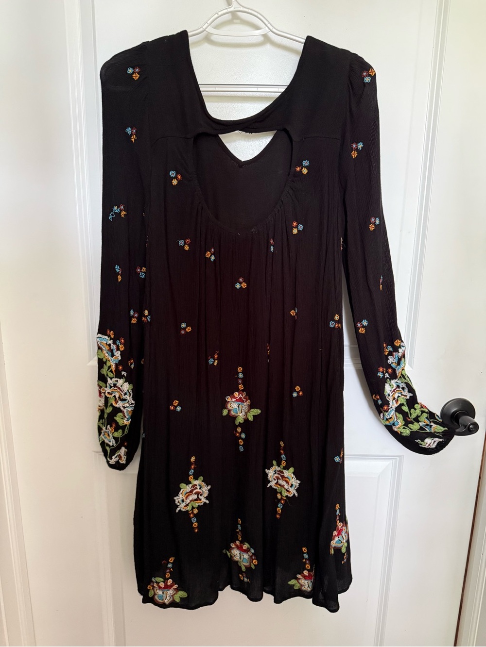 Free People Black Mini Dress with Multicolor Floral Embroidery and Open Back - Picture 3 of 4